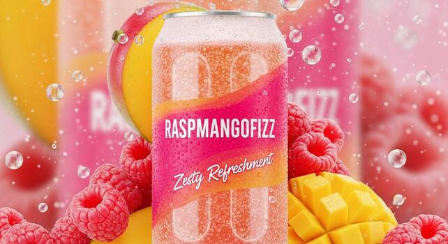 A can of raspberry raspberry mango drink with raspberries photo