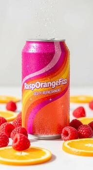 A can of raspberry fizz with raspberries photo