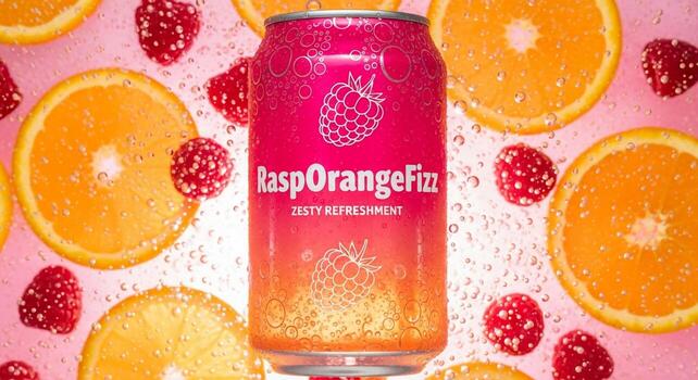 A can of raspberry lemonade with slices of raspberries photo