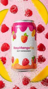 A can of raspberry mango fizz with raspberries and raspberries photo