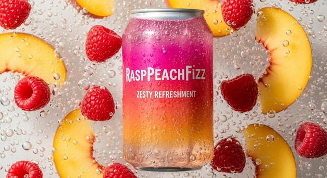 A can of raspberry peach is surrounded by raspberries photo