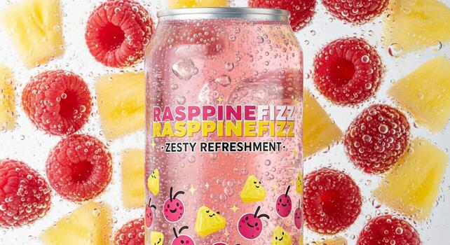 A can of raspberry lemonade with a bunch of raspberries photo