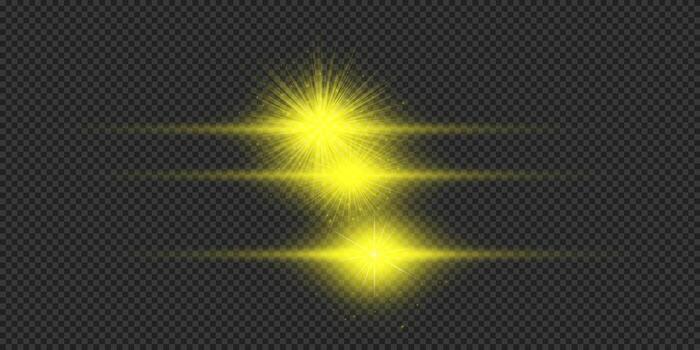 Light effect of lens flares. Three yellow horizontal glowing light starburst effects with sparkles on a grey transparent background. illustration vector