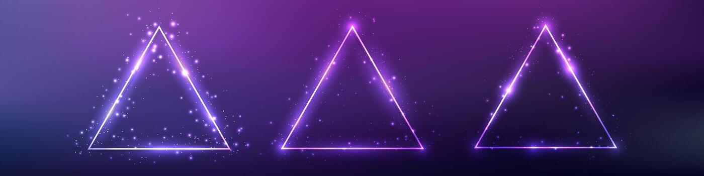 Set of three neon triangular frames with shining effects on blue background. Empty glowing techno backdrop. Perfect illustration vector