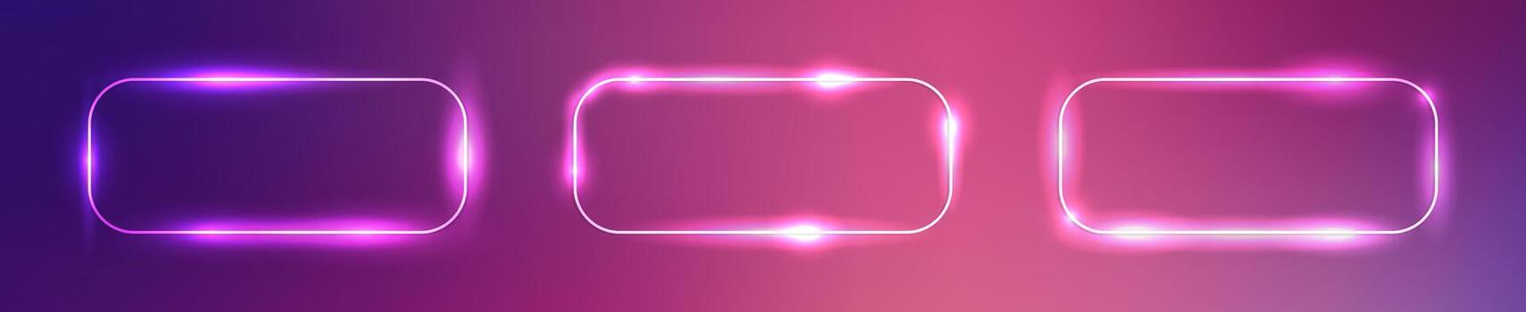 Set of three neon rounded rectangular frames with shining effects on dark purple background. Empty glowing techno backdrop. illustration vector