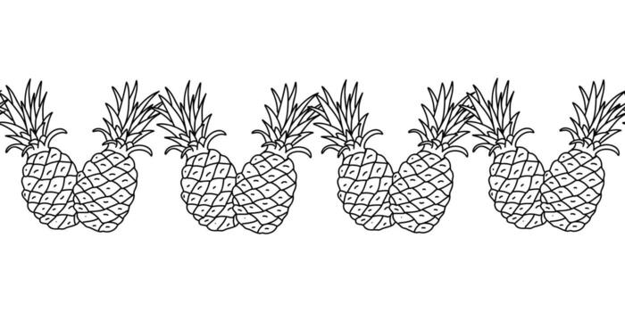 Seamless doodle border with pineapples. Tropical fruit line pattern for summer projects, packaging, or textile. vector