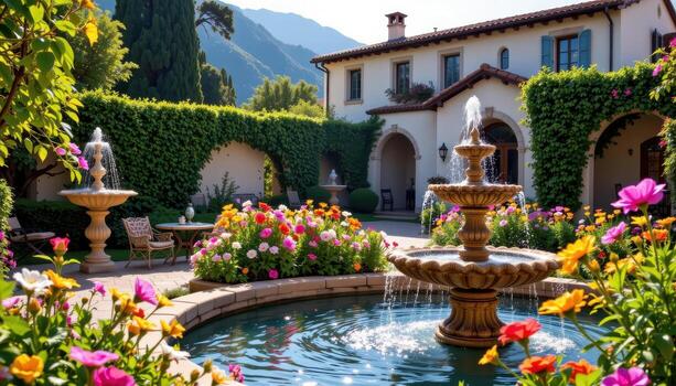 serene villa garden with flowing fountains, vibrant flowers, and mediterranean architecture under soft sunlight. photo