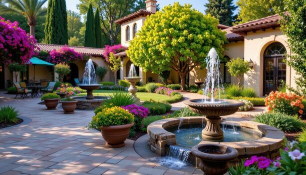 serene villa garden with flowing fountains, mediterranean style architecture, and vibrant trees and flowers. photo