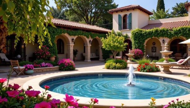 serene villa garden with mediterranean style architecture, fountains, and colorful flowers in bloom. photo