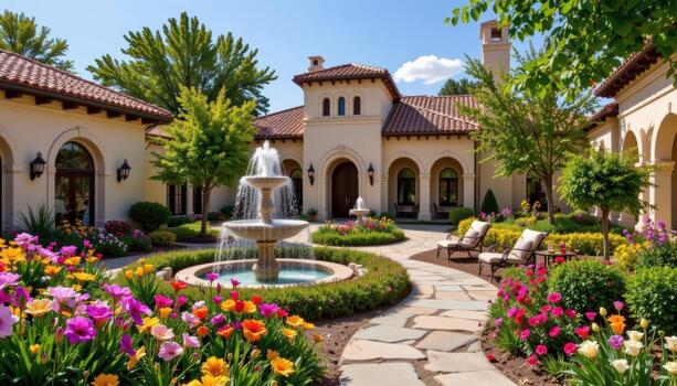 serene villa garden with mediterranean style architecture, sparkling fountains, and lush colorful flowers. photo
