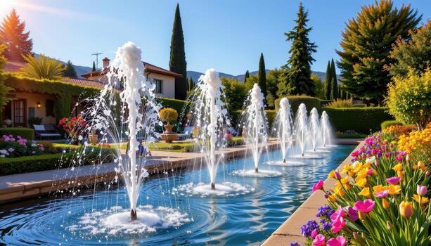 sparkling fountains in a villa garden, mediterranean architecture, trees, and flowers under warm sunlight glow. photo