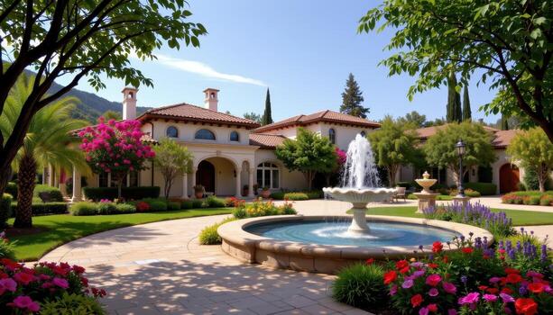 villa garden with mediterranean architecture, flowing fountains, surrounded by vibrant trees and colorful flowers. photo