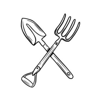 A set of gardening tools including a spade, a fork, and a trowel arranged in a crossed position. The tools are outlined in a simple, black line drawing style. vector