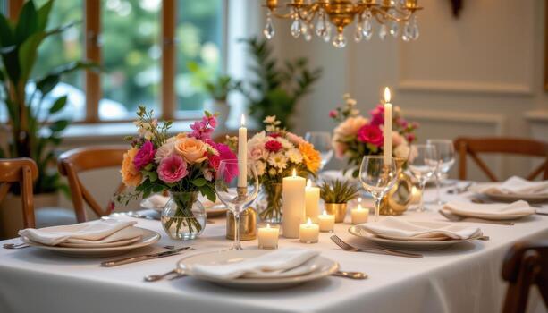 mesa decorado con Fresco flores y brillante velas, pulcramente arreglado vajilla, vacío, pacífico foto