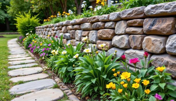 garden path lined with a large stone retaining wall, natural stones stacked carefully, no one there photo