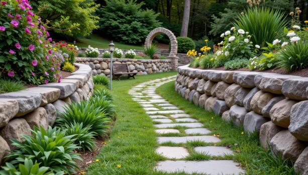 garden path bordered by a curved natural stone wall, large stones, empty, peaceful, serene, quiet photo