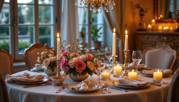 romantic table decorated with candles and flowers, ambient glow, neatly arranged dinnerware, empty, peaceful photo