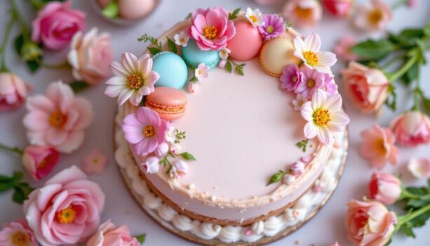 cake topped with macarons and flowers, soft pastel tones, meticulously arranged, empty, calm, serene, peaceful, elegant photo