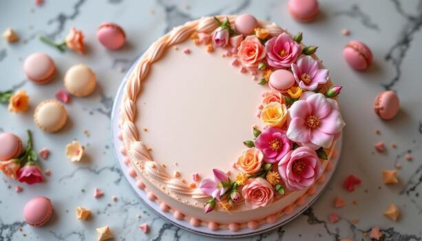 cake decorated with macarons and flowers, intricate pastel design, beautifully arranged, empty, calm, peaceful, serene photo