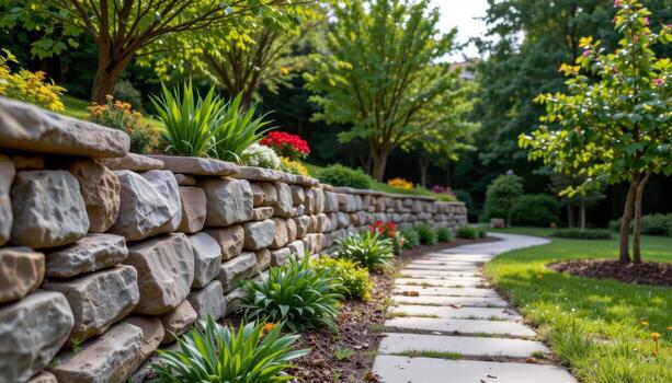 garden path bordered by a curved retaining wall made of massive natural stones, serene, empty photo