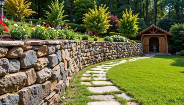 garden path bordered by natural stone retaining wall, curved elegantly, massive stones, empty, serene photo