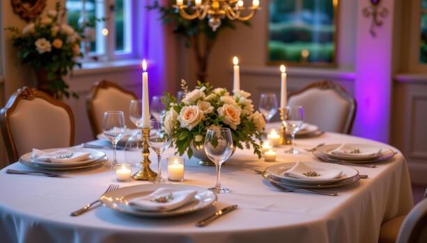 romantic dining table with glowing candles and flowers, elegant plates, neatly set, empty, serene photo