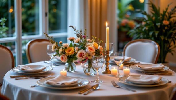 cozy table setup with candles and flowers, ambient lighting, elegant dinnerware, empty, peaceful scene photo