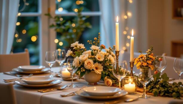 cozy table setup with candles and fresh flowers, ambient soft glow, elegantly arranged dinnerware, empty photo