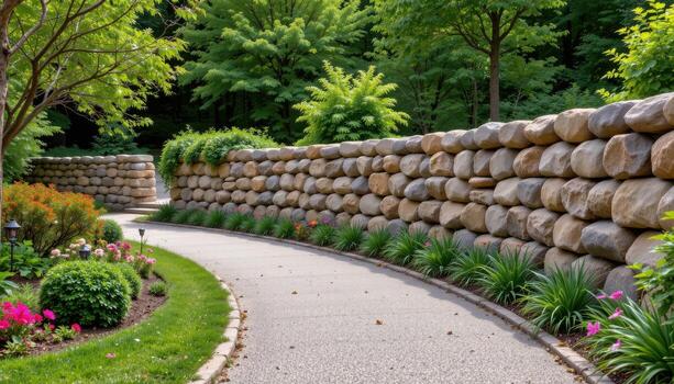 garden path bordered by a curved stone wall of massive natural stones, empty, serene, quiet, peaceful photo