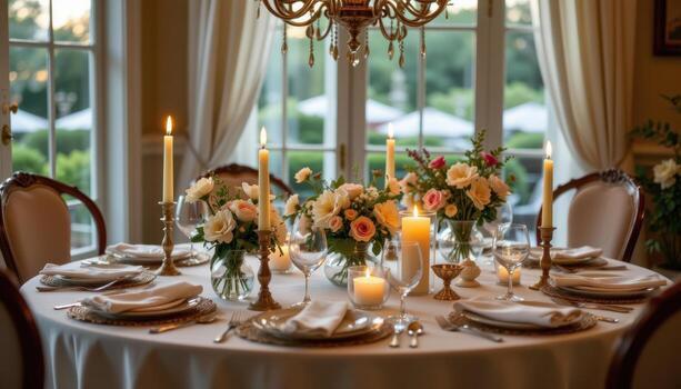 romantic dining table with candles and flowers, neatly arranged dinnerware, ambient glow, empty photo