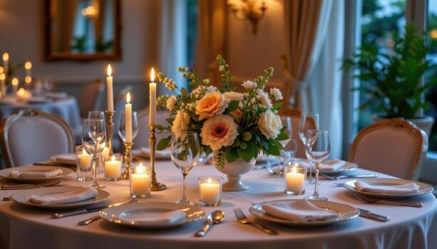 table arranged with glowing candles and fresh flowers, ambient soft lighting, elegantly set plates, empty photo