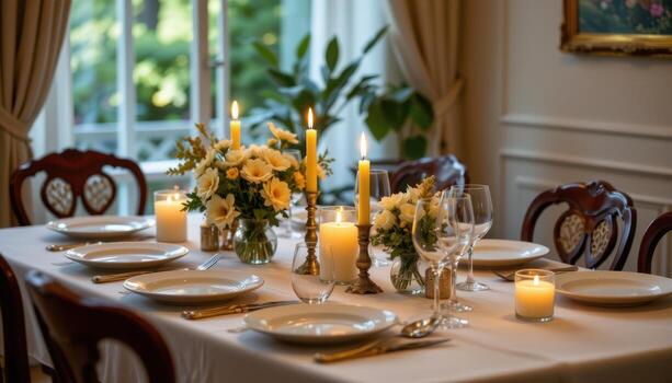 cozy dining table decorated with candles and flowers, soft glow, neatly arranged plates, empty, calm photo