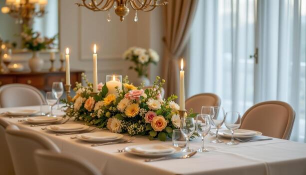 elegant dining table with candles and flowers as centerpiece, neatly arranged, empty, serene, quiet photo