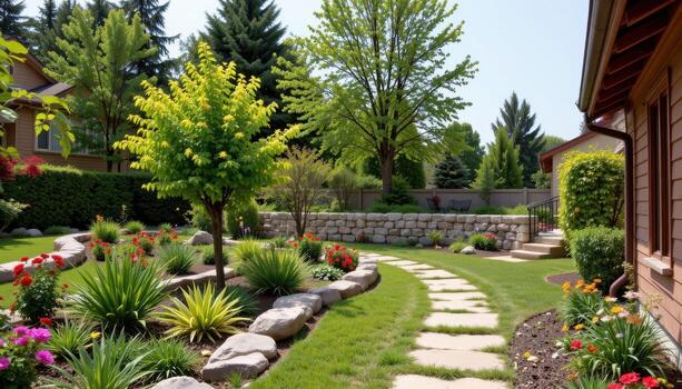 garden path bordered by a curved retaining wall of large natural stones, peaceful, empty, serene photo