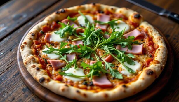 gourmet pizza with arugula, ham, and cheese, thin crust, rustic presentation, warm, no humans or animals in frame. photo