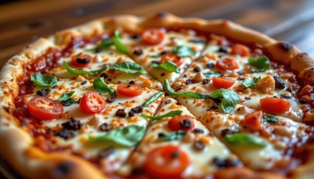 close up of a pizza with colorful toppings, bubbling cheese, wooden table background, no humans or animals. photo