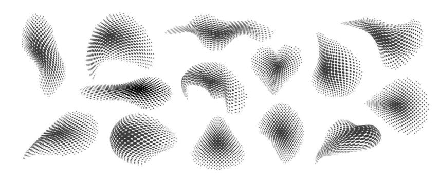 Set of abstract dotted geometric backgrounds in halftone style. Dynamic curved patterns, pixel gradients and modern black and white texture for poster, banner, web, and graphic design elements. vector