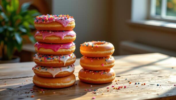 stack of donuts with colorful icing and sprinkles on wooden table, sunlight softly illuminating, freshly baked, no humans around appear. photo