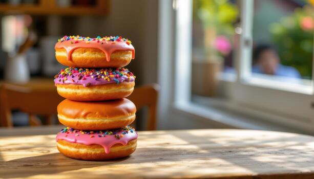 stack of donuts with colorful icing and sprinkles on wooden table, warm sunlight, freshly baked, no humans or animals visible. photo