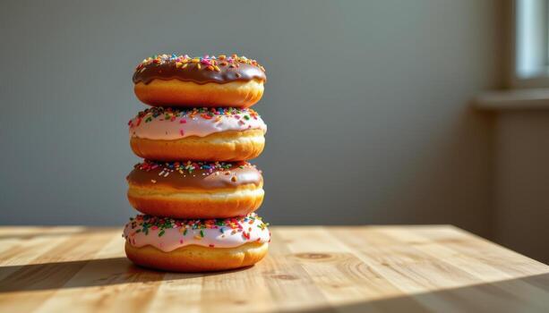 stack of donuts with colorful icing and sprinkles on wooden table, sunlight casting soft shadows, freshly baked, no humans or animals. photo