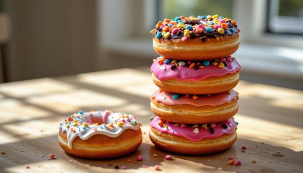 stack of donuts with colorful icing and sprinkles on a wooden table, sunlight softly illuminating, freshly baked, no humans. photo