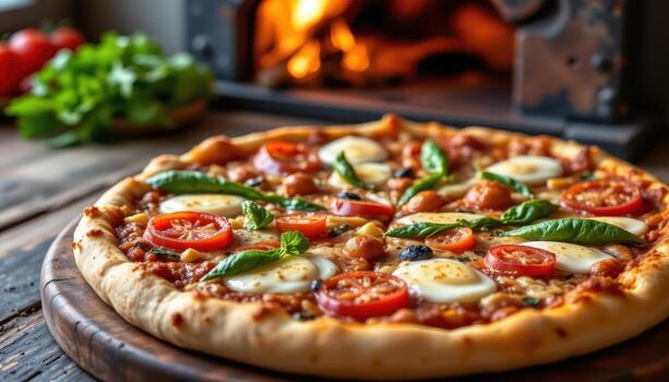 close up of pizza with colorful vegetables, bubbling mozzarella, rustic wooden table, hot from oven, no humans or animals. photo
