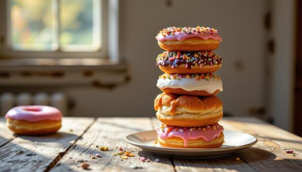 stack of donuts with colorful icing and sprinkles on rustic table, sunlight softly illuminating, freshly baked, no humans or animals nearby. photo