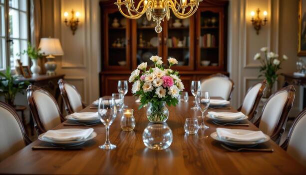 elegant dining table with a central flower vase, soft warm light, wooden surface, cozy feel, no humans or animals visible. photo