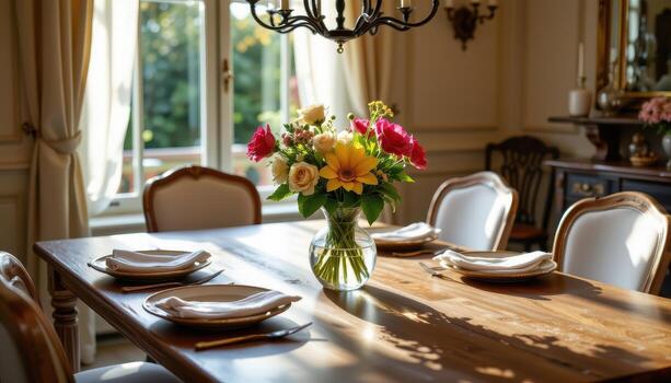 elegant dining table with a flower vase in the center, warm sunlight softly shining, rustic wooden tabletop, no humans visible. photo