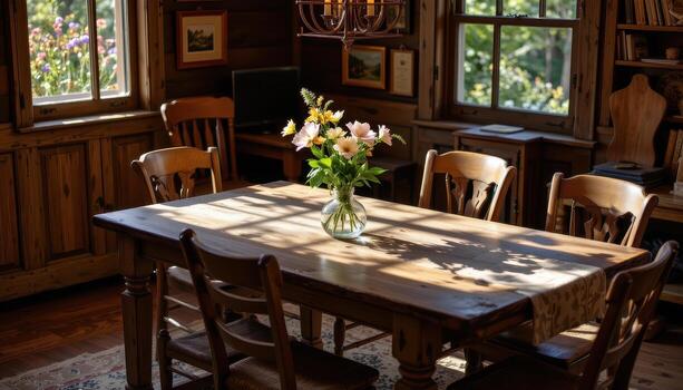 rustic dining table with a flower vase centered, soft sunlight casting shadows, warm wooden textures, no humans present. photo
