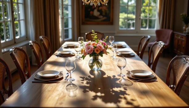 elegant dining table with a single flower vase at the center, sunlight softly shining on wooden surface, no humans around. photo