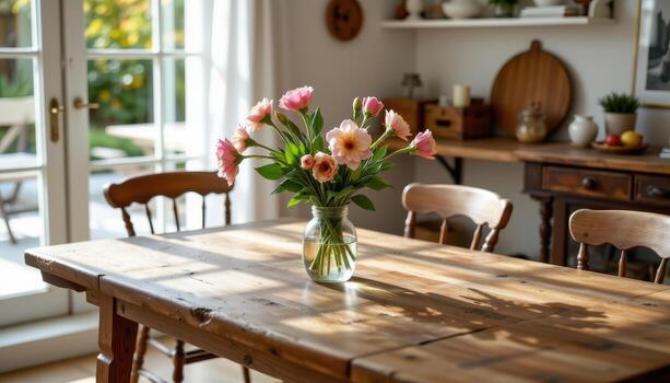 rustic dining table with a flower vase centered, soft sunlight highlighting textures, wooden tabletop, cozy atmosphere, no humans. photo