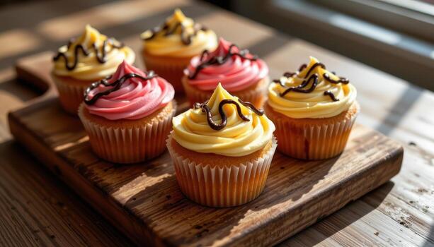 un bandeja de magdalenas con brillante Crema patrones y chocolate llovizna en un rústico de madera junta, luz de sol esclarecedor texturas, No humanos alrededor. foto