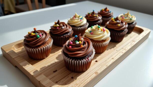 festive cupcakes with chocolate and colorful frosting patterns on a wooden tray, sunlight softly highlighting textures, no humans visible nearby. photo